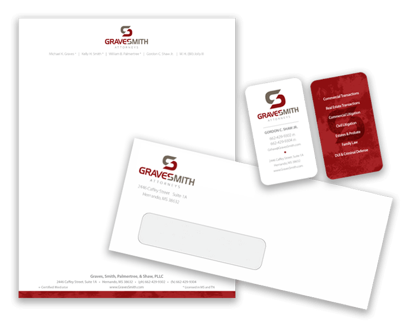 image of printed business cards, envelopes and letterheads