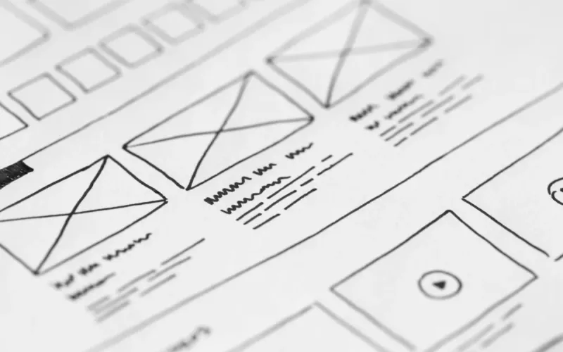 Illustration of a web page layout drawn on paper.